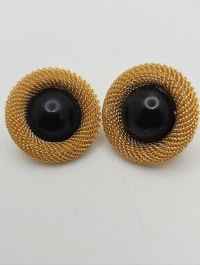 Gold-Tone and Black Dome Women's Statement Earrings Clip On